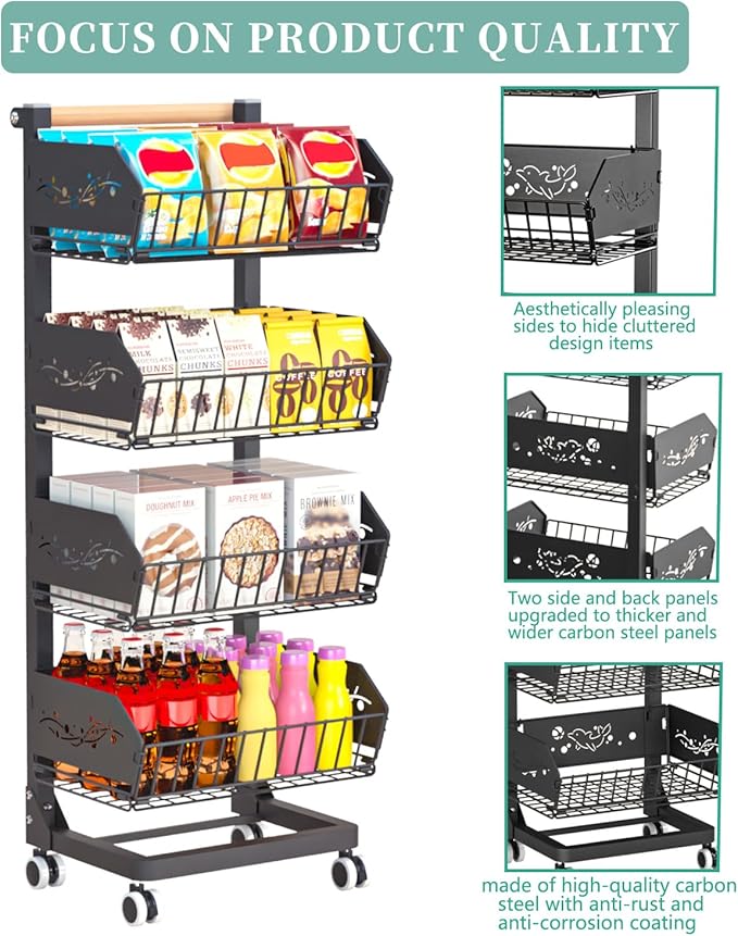 Heavy 4-Tier Snack Cart with Wheels ，Removable Rolling Pantry Floor Organizers ，Upgraded Wider and Thicker, Kitchen Fruit Basket Stand and Storage Rack for Fruit Snack Onion Potato