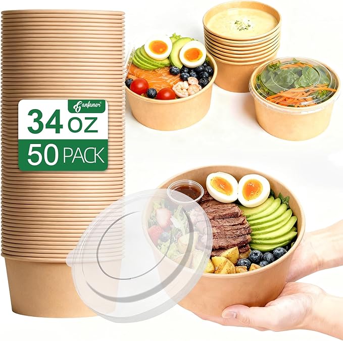 ganfaner 34oz Disposable Round Paper Bowls with Lid, 50 Sets Deli Container Box Spillproof Microwave & Freezer Safe, To Go Meal Prep Container for Lunch Work Meal, Sturdy for Picnic Camp Family