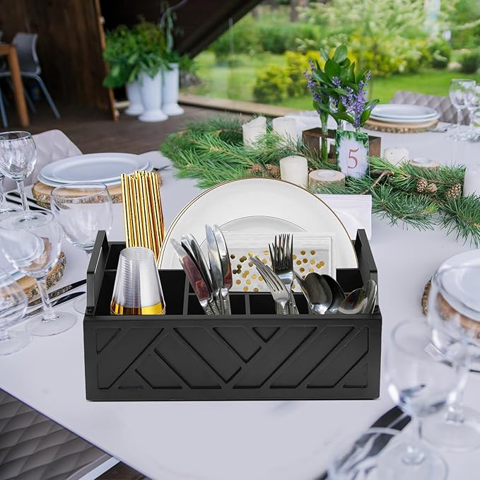 Ukonvi Paper Plate Dispenser and Holder for Kitchen Counter, Wood Rustic Silverware Utensil Caddy, Cutlery Flatware Organizer Box for Cups Spoons Forks Napkins, Kitchen Accessories (Black)