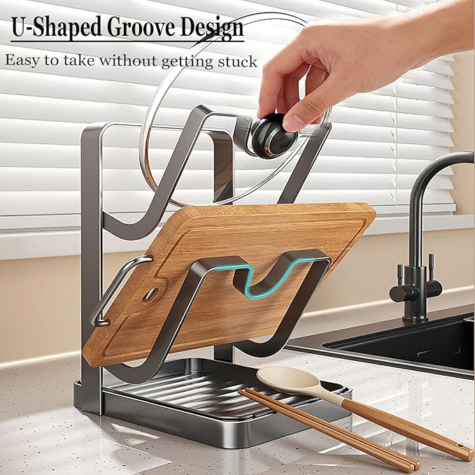 POCONT Kitchen Pot Lid Storage Rack, Carbon Steel Pot Lid Holder with Spoon Rest While Cooking, Multifunctional Kitchen Organizer Stand for Counter Top with Removable Drip Tray