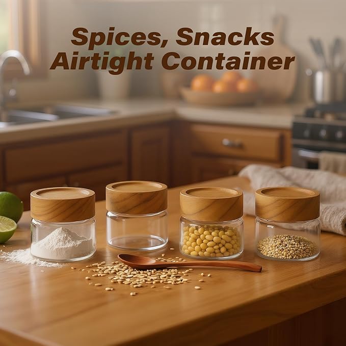 6-Pack 4 oz Stackable Airtight Glass Canisters with Acacia Lids - Small Mason Jars for Overnight Oats, Spice Storage, Herb Keepers, Pantry Organization and Dry Food Storage
