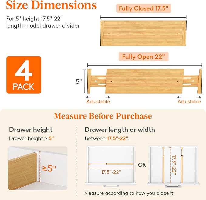 Lifewit 4 Pack 5" Deep Bamboo Drawer Dividers, 17.5-22" Expandable Drawer Organizers for Clothes, Adjustable Dresser Drawer Divider, Clothing Drawer Separators for Dresser, Bedroom, Bathroom, Kitchen