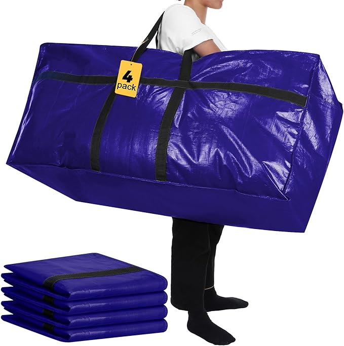 4 Pcs 66 Gallon Extra Large Moving Bags Heavy Duty Storage Bag with Strong Zipper Handle Foldable XXL Jumbo Storage Tote Packing Moving Box for College Dorm Travel Cloth Duffle (Navy Blue)