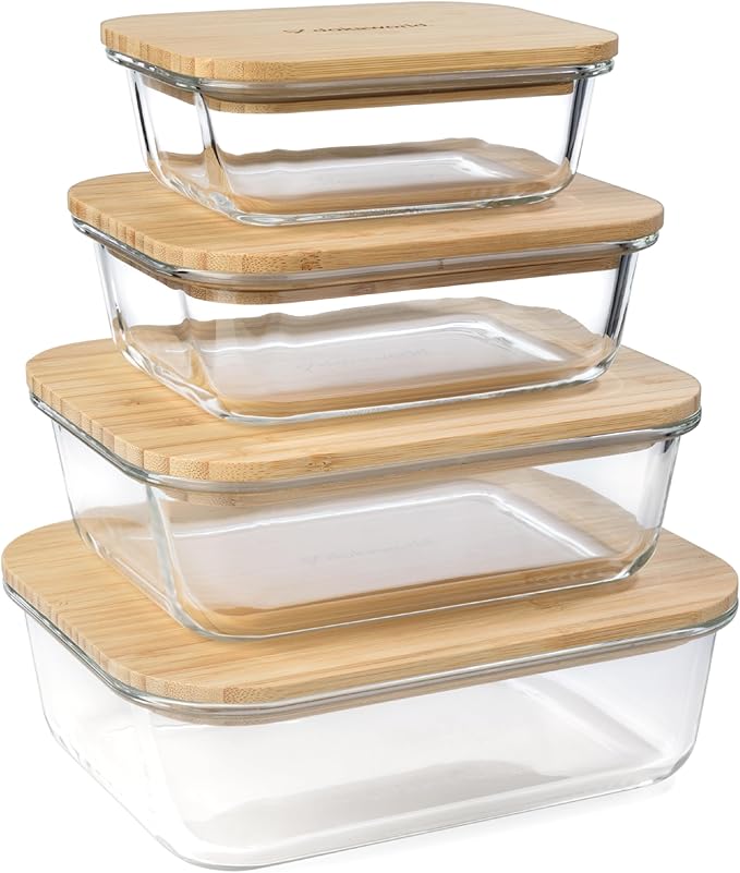 dokaworld Natural Acacia Lids Set for Food Storage Glass Containers (4pcs) - Lids are compatible with all Glass Food Storage Containers Sets