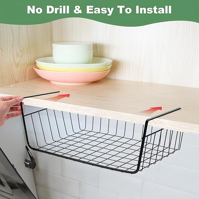 6 Pcs Undershelf Storage Basket Under Shelf Wire Basket Household Metal Under Shelf Hanging Storage Bin Basket Slides Under Shelves for Kitchen Pantry Bookshelf - 14.2" D x 9.1" W x 5.5" H, Black