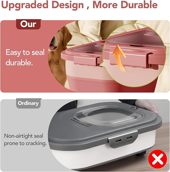 15 Lbs Dog/Cat Food Storage Container,Collapsible Food Storage Containers with Rolling Wheel Airtight Locking Lid,Pet Food Storage Container with Cup and Scoop,Pink