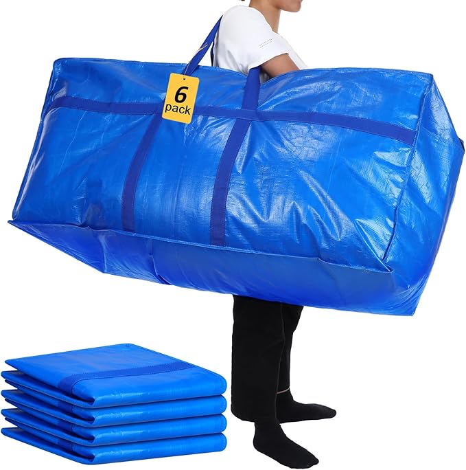 4 Pcs 66 Gallon Extra Large Moving Bags Heavy Duty Storage Bag with Strong Zipper Handle Foldable XXL Jumbo Storage Tote Packing Moving Box for College Dorm Travel Cloth Duffle (Blue)