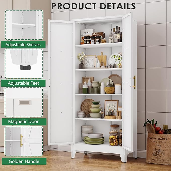 71" Tall Kitchen Pantry Cabinet, Metal Storage Cabinet with 2 Doors and 4 Adjustable Shelves, White Food Pantry Cupboard for Kitchen, Dining Room, Living Room and Bathroom (White)