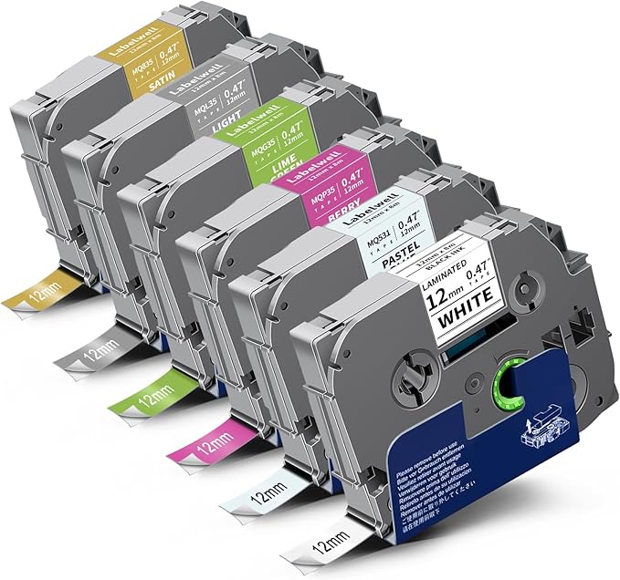 Labelwell 6-Pack 12mm 0.47 Laminated Multi Color Compatible for TZe-231 TZe231 MQ531 MQP35 MQG35 MQL35 MQ835 TZ Tape for P Touch PT-H110 D210 D220 D400, White/Blue/Blue/Green/Sliver/Gold