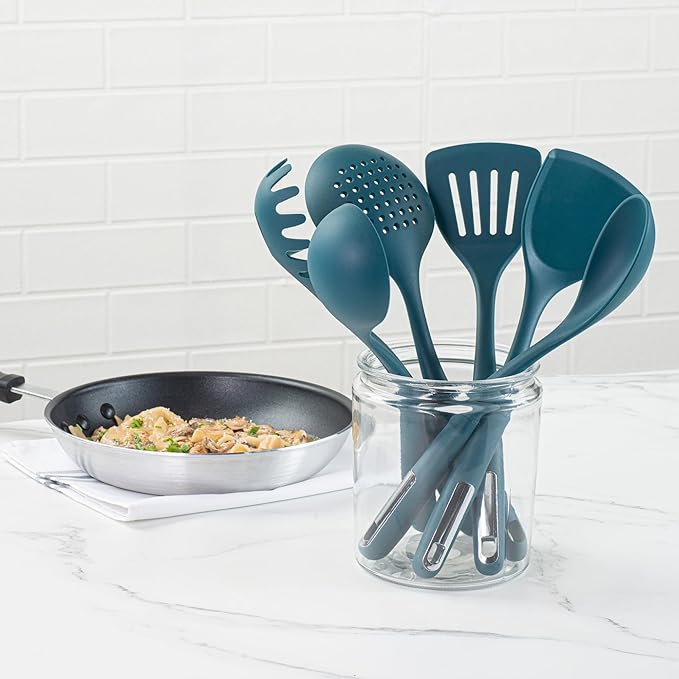 Restaurantware Silicone Utensil Set Pack of 1 Non-Slip Handle 6-Piece Kitchen Tool Set, Heat-Resistant Dishwasher-Friendly Cooking Accessories, Durable Teal Cooking Utensils