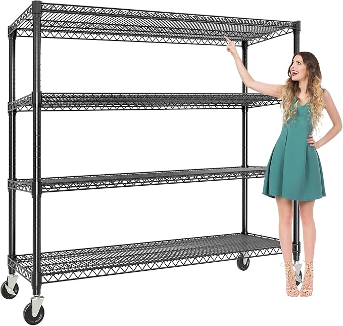 72" H X 59 W X18 D Storage Shelves with Wheels, 4 Tier Wire Shelving Adjustable Metal Shelving Shelves Capacity 2640LBS Heavy Duty Shelf for Garage Shelving, Pantry, Kitchen, Commercial