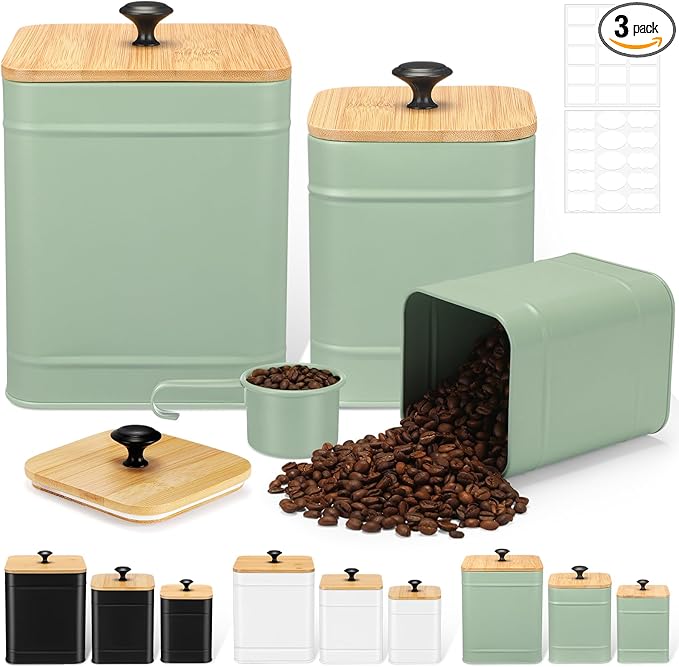 Tioncy Kitchen Canisters for Countertop Set of 3 Metal Canisters Sets with Bamboo Lids Spoon Airtight High Capacity Coffee Tea Sugar Flour Jars with DIY Labels Farmhouse Food Storage (Green,Xl,L,M)