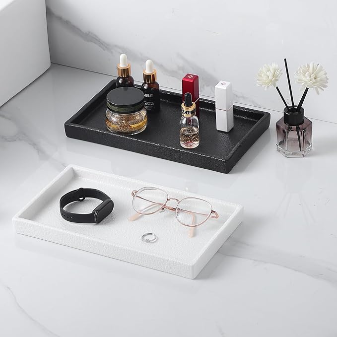 Eyrozia Bathroom Vanity Tray - 11'' Ceramic Rough-Textured Rectangle Countertop Tray, Heavy-Duty Perfume Organizer Plate, Jewelry Ring Tray, Kitchen Soap Dispenser Stone Trays, White