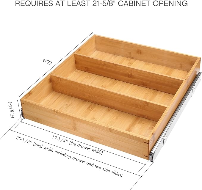 Pull Out Cabinet Drawer Organizer, Sliding Bamboo Wood Storage Rack Organization, Gliding Cupboard Shelf for Kitchen, Pantry, Slide Out Spice Rack Container Lid Organizer with Dividers, 20.5''W x