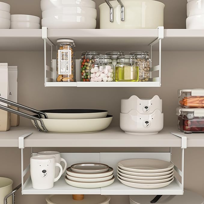 Expandable Under Cabinet Shelf Organizer with 0.94-Inch Thick Clips, Heavy Duty Extendable Under Shelf Storage Basket for Pantry or Laundry Room, White, 2 Pack, Interior: 5.7" H x 8.54" D