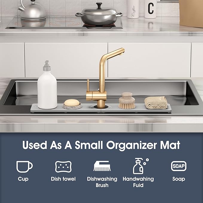 Quick Drying Stone Faucet Mat for Kitchen Sink - Diatomite Sink Mat Absorbing Stone Tray for Bathroom Counter, Sink Faucet Splash Guard Water Protector Matt for Kitchen Counter(Light Gray, 20" x 3.9")