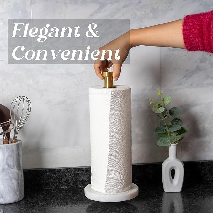 Koville African Genuine Marble Paper Towel Holder Countertop, 6" Stone Base Gold Rod Paper Towel Holder Stand for Kitchen Storage, for Standard or Jumbo-Sized Rolls