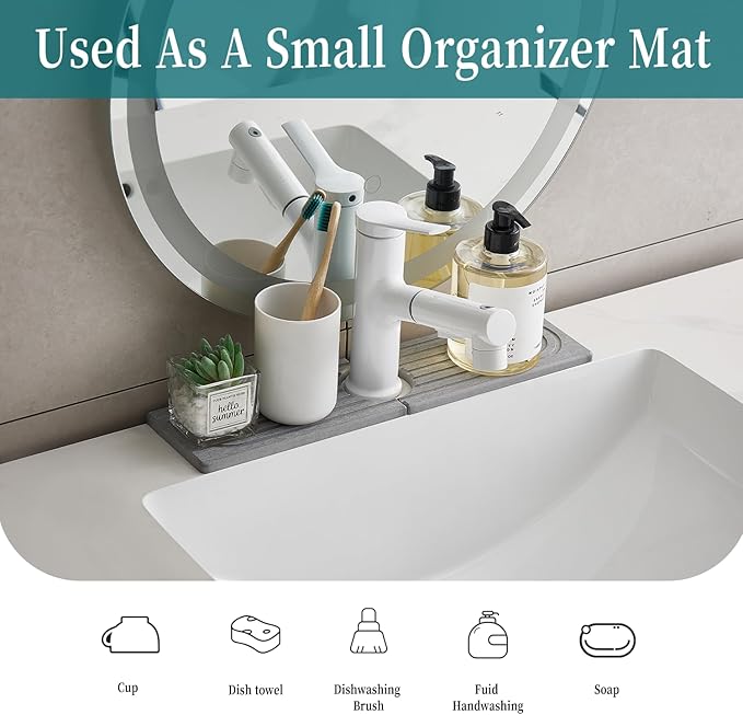 Stone Faucet Mat for Kitchen Sink, kitchen sink splash guard for Bathroom Counter,15.7 Inch Light Grey Diatomite water-Absorbing Drying Stone Mat, Sink faucet Stone Tray Protector