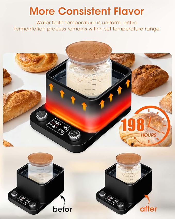Sourdough Starter Warmer - Precise 1°F MYMULIKE Water Bath Warming, Thermostat Control (70-104°F), Even Heating, 198H Timer, Fits Bottles Up to 50 Oz - Ideal for Yeast Cultivation & Home Baking