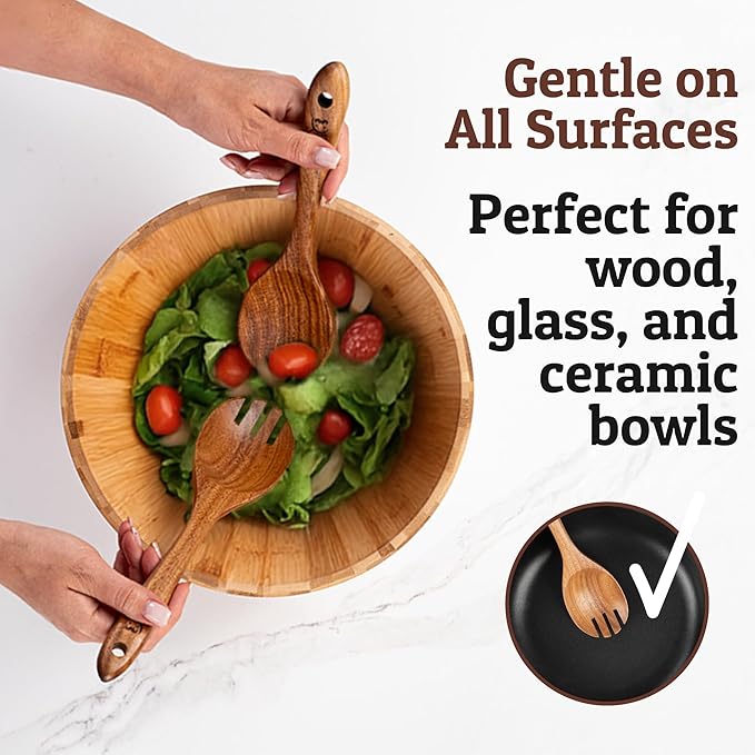 Priority Chef Wooden Salad Server Fork – Single Teak Salad Serving Utensil for Tossing and Serving Greens, Pasta & Sides – Durable, Nonstick-Safe Kitchen Tool