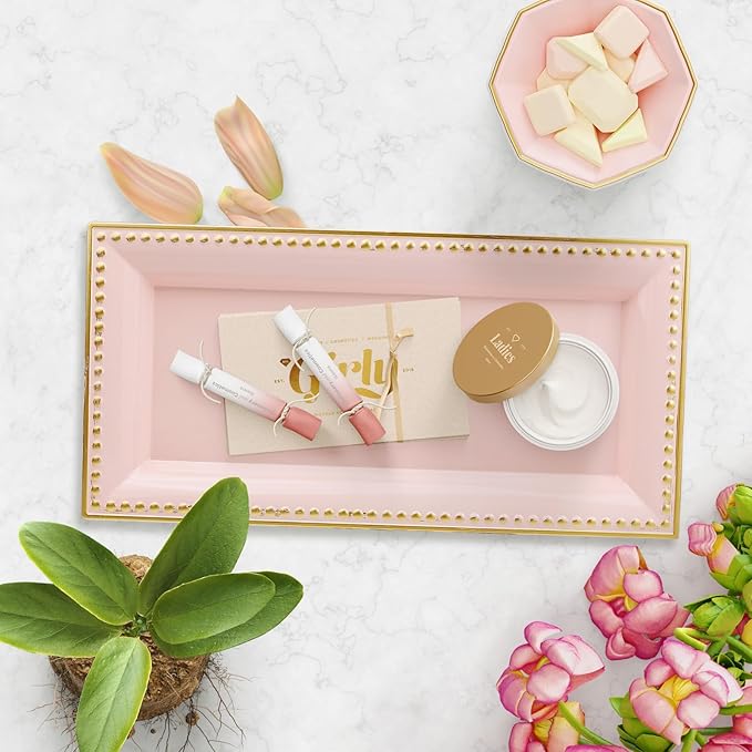 Leemxiiny 2 Pack Pink Bathroom Vanity Tray for Countertop with Beads, Small Plastic Toilet Tank Versatile Storage Organization Tray for Makeup, Perfume, Desk, Kitchen, Candles, 14"x7"x1", 36P