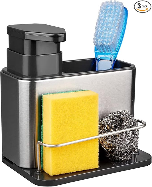 RedCall Soap Dispenser for Kitchen Sink, 3-in-1 Sponge Holder for Kitchen Sink Caddy, Stainless Steel Kitchen Sink Organizer Tray Drainer Rack, Rustproof Dish Soap Dispenser Brush Holder Countertop