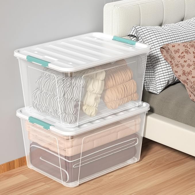4 Pack 85 Quart Latching Storage Box Bin, Large Storage Box with Wheels, Clear