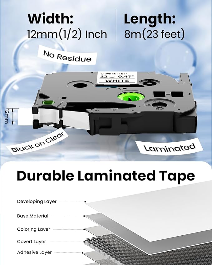 Oozmas Replace for Brother Label Maker Tape PT-D210 PT-D220 PT-D200 PT-H100 Label Tape TZe-231 TZe231 Compatible P Touch 12mm 0.47 Inch Laminated White TZ Tape Refills, 1/2 Inch * 8m, 6-Pack