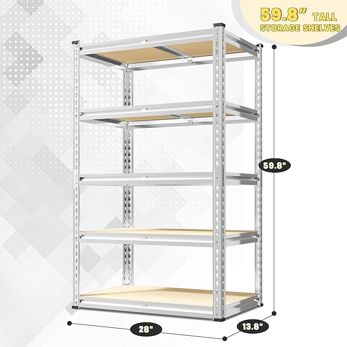 REIBII 2000LBS Storage Shelves 5 Tier Garage Shelving Heavy Duty Metal Shelving Adjustable Garage Shelves for Pantry Closet Kitchen Basement 28" W x 13.8" D x 59.8" H, Silver