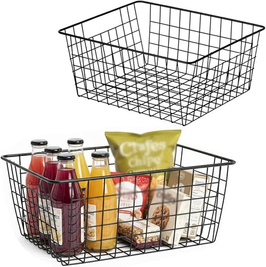 Aeggplant Kitchen Wire Baskets Farmhouse Decor Metal Food Storage Organizer,Household Refrigerator Bin with Built-in Handles for Cabinets,Pantry,Bathroom,Black