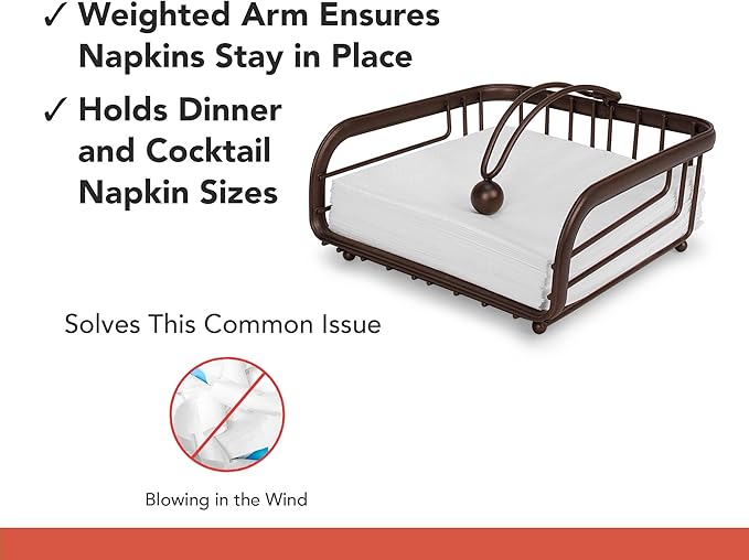Spectrum Ashley Weighted Napkin Holder Flat Napkin Organizer with Weighted Tension Arm for Kitchen Countertop Dining Table Storage, Heavy Duty Steel Traditional Napkin Dispenser Home Decor, Bronze