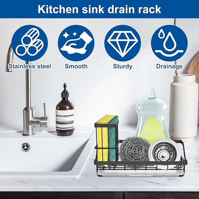 1PCS Sink Drain Rack Stainless Steel Sponge Holder Sink Organizer Rack Rustproof Kitchen Countertop Brush Sponge Holder with Detachable Drip Tray