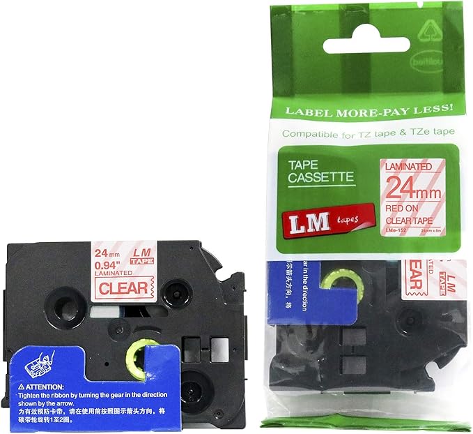 2/Pack LM Tapes - LMe152 Premium 1" Red Print on Clear Label Compatible with Brother TZe-152 P-Touch and Includes Tape Color/Size Guide. Replaces TZe152 24mm 0.94 Laminated