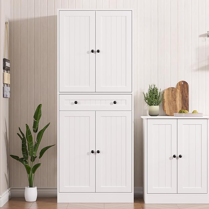 Furnify Kitchen Pantry Storage Cabinet, 71" H Farmhouse Pantry Cabinet with 4 Doors & Drawer, Freestanding Cupboard with Adjustable Shelves, Rustic Wood Cupboard for Kitchen, Dining Room, White