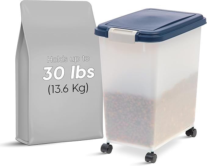 IRIS USA 30 Lbs / 33 Qt WeatherPro Airtight Pet Food Storage Container with Attachable Casters, For Dog Cat Bird and Other Pet Food Storage Bin, Keep Fresh, Easy Mobility, BPA Free, Navy/Pearl