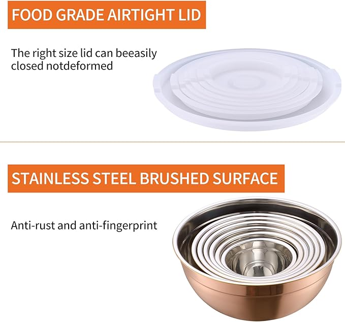 Moxinox Rose Gold Mixing Bowls with Airtight Lids, Stainless Steel Nesting Mixing Bowls Set of 7, Ideal for Baking, Prepping and Serving Food, Size 7, 3.6, 2.7, 2.1, 1.5, 1.1,0.8 QT, Stackable Design