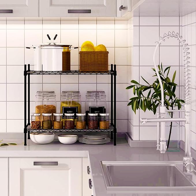 Best 2-Tier Wire Shelving - Black - Lightweight Mini Seasoning Shelf - Kitchen Storage Shelves, Unit with Adjustable Storage Shelf, 11.8"D x 15.7"W x 17.7"H