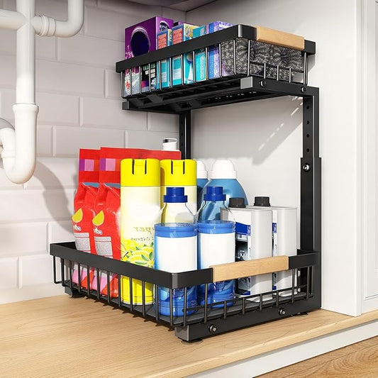 PXRACK Under Sink Organizer, Adjustable Height, 2 Tier Pull Out Under Cabinet Organizer, Slide Out Thickened Metal Under Sink Storage for Kitchen Bathroom Laundry Pantry Cabinet,1-Pack, Black