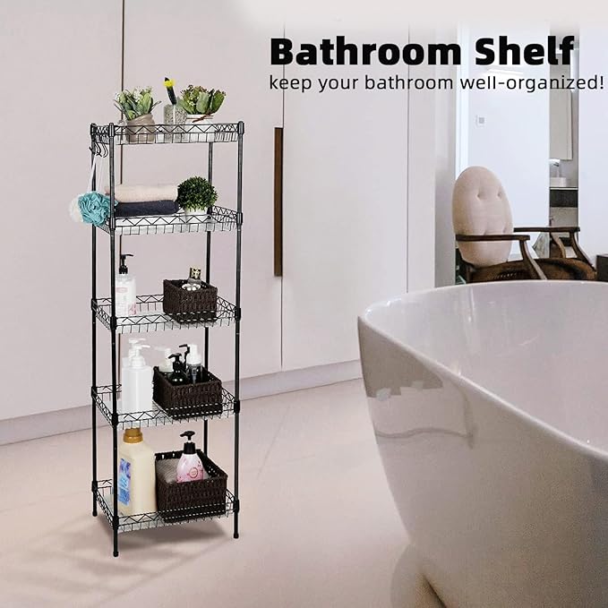 Storage Shelves, 5-Tier Wire Shelving Unit with Baskets Storage Rack Corner Shelf Shelving Adjustable Storage Shelf, 11.8" D x 15.7" W x 63" H, Black
