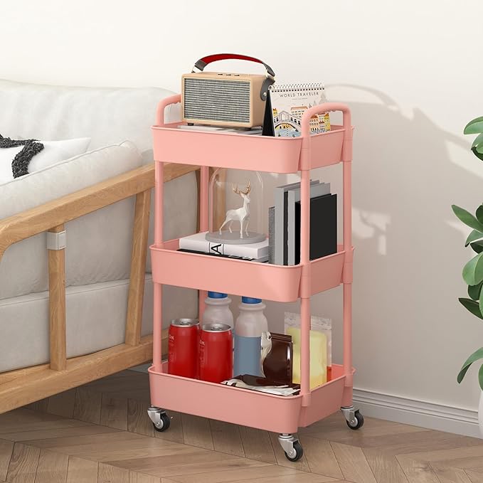 Sywhitta 3-Tier Plastic Rolling Utility Cart with Handle, Multi-Functional Storage Trolley for Office, Living Room, Kitchen, Movable Storage Organizer with Wheels, Pink