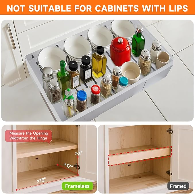 Pull out Cabinet Organizer,Adjustable Width (14"-19") and Depth (17"-24") Expandable,No Drill Slide out Drawers for Kitchen,Pantry,Adhesive Roll out Shelves,for Cabinets Without Lip