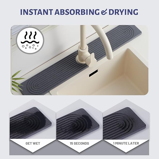 Stone Faucet Mat for Kitchen Sink，Super Absorbent Diatomite Fast Drying Stone and Bathroom Stone Tray for Counter Quick Drying Splash Guard,Prevents Moisture Buildup Sink(Dark Grey,23.6" x 3.9")