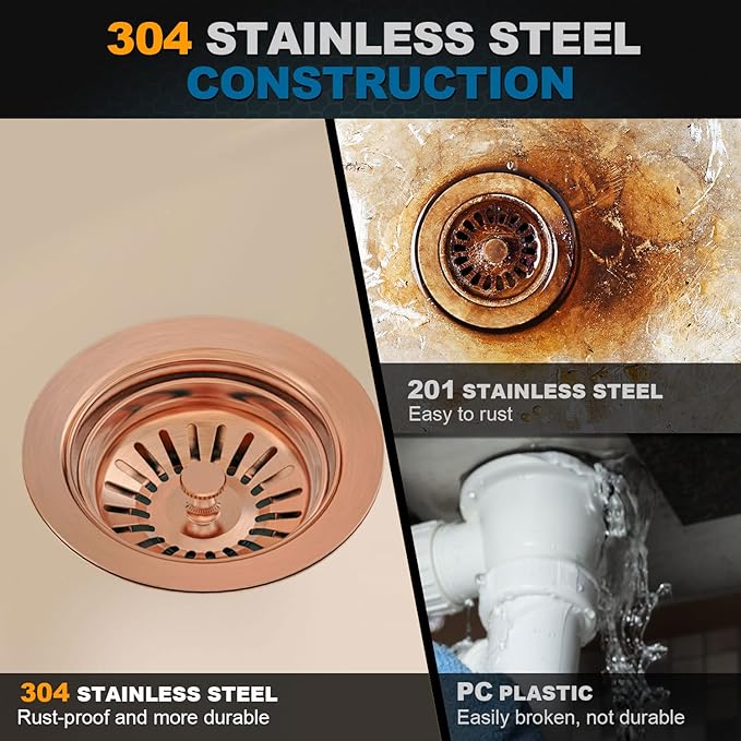BOTEMY B9173 Kitchen Sink Drain Assembly 3-1/2 inch with Removable Sink Strainer Basket/Stopper 304 Stainless Steel (Antique Copper)