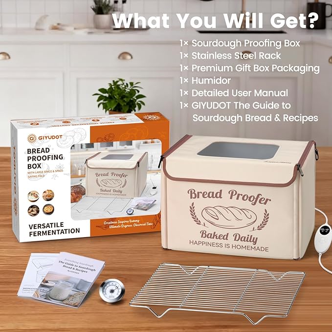 GIYUDOT Folding Bread Proofing Box with 50-113℉ Temp Control & 48H Timer, Dough Proofer with Metal Rack, Humidor, Recipes, Ideal for Sourdough, Bread Baking, Pizza, Yogurt, Kombucha, Precise Control