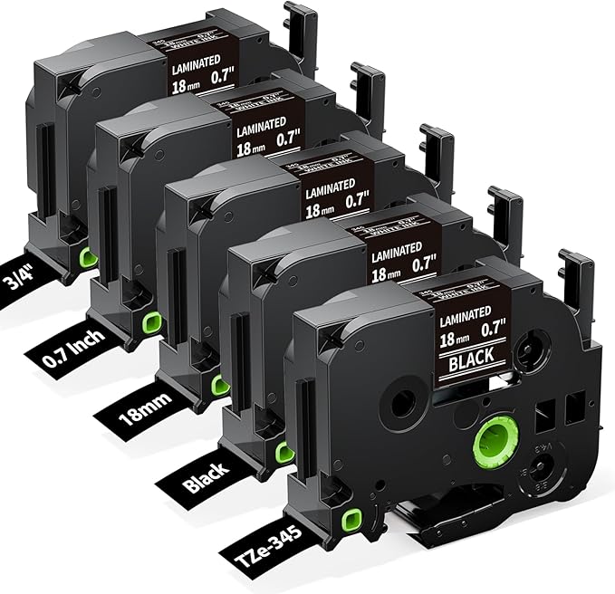 Labelife 18mm Black Label Tape TZe-345 Compatible with Brother P Touch TZ Tape 18mm 0.7 Laminated White on Black TZe345 for Brother T-D400 PT-D410 PTD460BT PT-D610BT PT-D600 Label Maker, 5-Pack