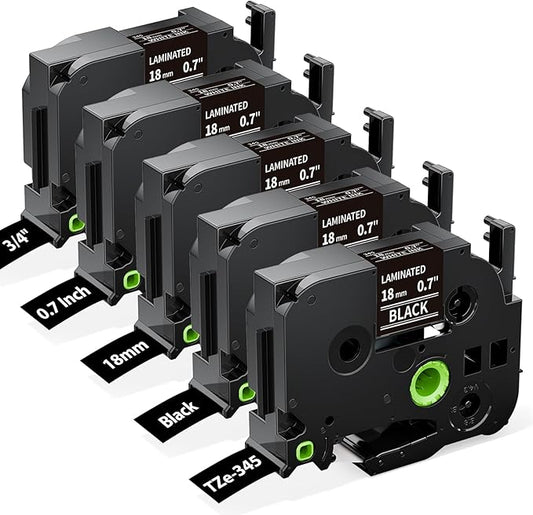 Labelife 18mm Black Label Tape TZe-345 Compatible with Brother P Touch TZ Tape 18mm 0.7 Laminated White on Black TZe345 for Brother T-D400 PT-D410 PTD460BT PT-D610BT PT-D600 Label Maker, 5-Pack