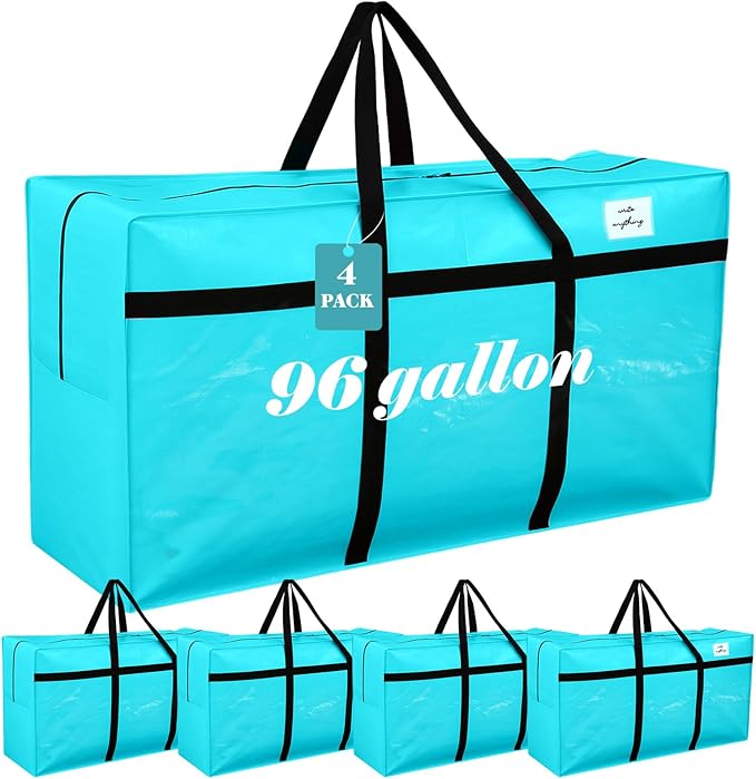 4 Pcs 96 Gallon Extra Large Moving Bags Heavy Duty Storage Bag with Strong Zipper Handle Foldable XXL Jumbo Storage Tote Packing Moving Box for College Dorm Travel Cloth Duffle (Lake Blue)