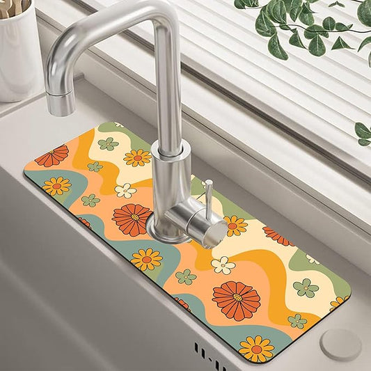70s Groovy Flowers Sink Faucet Absorbing Mat Retro Waveas Splash Guard Behind Faucet Sink Mat Absorbent Fast Drying Faucet Draining Mat for Bathroom Kitchen 5.5"×15"