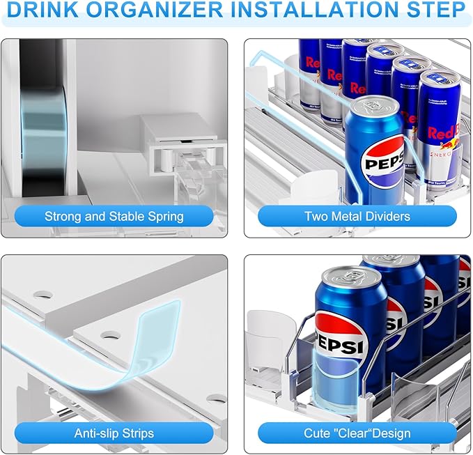Drink Organizer For Fridge,Soda Drink Dispenser For Fridge,Fridge Can Drink Organizer,12oz 16oz 20oz-Soda Automatic Dispenser For Fridge And Adjustable Width-Holds Up To 30 Cans,6 Rows