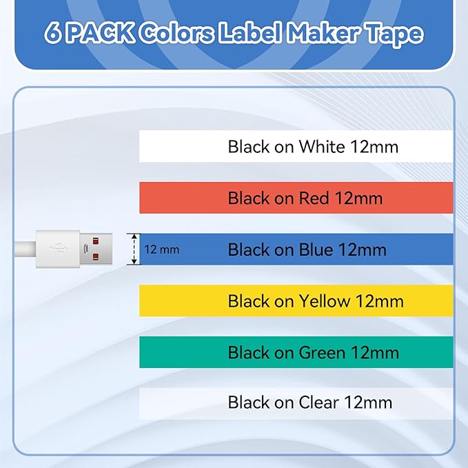 Airmall Replacement for Brother P-Touch Label Maker Tape 12mm .47 Laminated White Tz Tape TZ Colored Refills Compatible with Brother P Touch PT-D220 D210 H110 D200 D400 1280 Refills, 1/2 Inch, 6 Pack